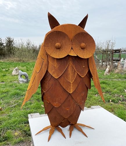 STEINFIGURENWELT GIEBEN XXL Eule 3D Optik Höhe 106cm Edelrost Gartendeko Wetterfest Rost Metall Gartenfigur Rostfigur Terrasse Uhu Kauz Metallfigur (Eule 3D XXL 106cm) von STEINFIGURENWELT GIEBEN