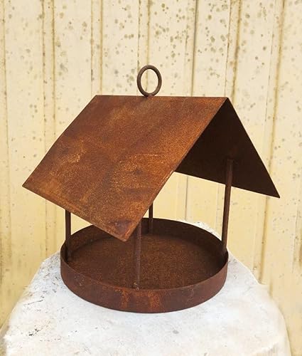 Vogelhaus 19x20cm zum Aufhängen zum Beleuchten Windlicht Teelicht Meisenknödel Futterhaus Edelrost Gartendeko Metall Rost von STEINFIGURENWELT GIEBEN