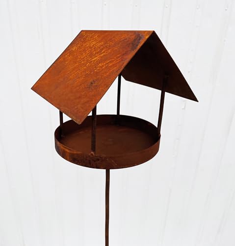 Vogelhaus 20x18cm + Stab zum Beleuchten Windlicht Teelicht Meisenknödel Futterhaus Edelrost Gartendeko Metall Rost von STEINFIGURENWELT GIEBEN