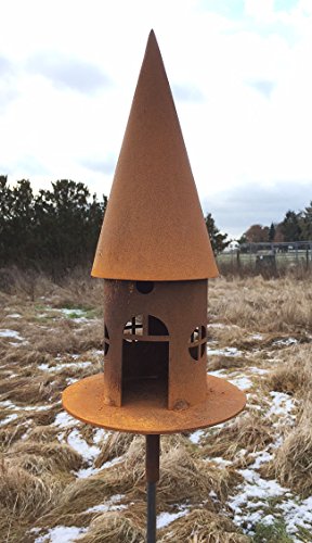 Vogelhaus H43cm + Stab Gartenstecker Futterhaus zum Beleuchten Windlicht Teelicht Futterhaus Edelrost Gartendeko Metall Rost von STEINFIGURENWELT GIEBEN