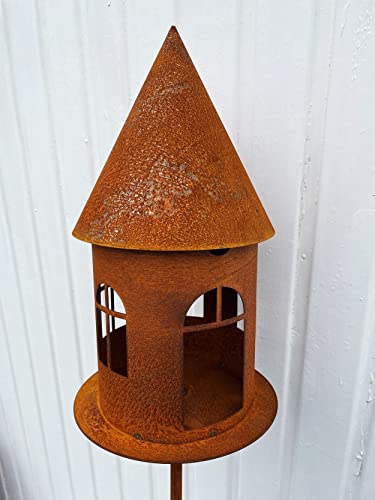 Vogelhaus XXL zum Beleuchten 45x26cm + Stab Gartenstecker Edelrost Gartendeko Windlicht Teelicht Futterhaus Metall Rost von STEINFIGURENWELT GIEBEN