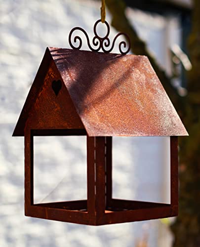 Vogelhaus mit Herz 36cm zum Hängen/Hinstellen zum Beleuchten Windlicht Teelicht Futterhaus Edelrost Gartendeko Metall Rost von STEINFIGURENWELT GIEBEN