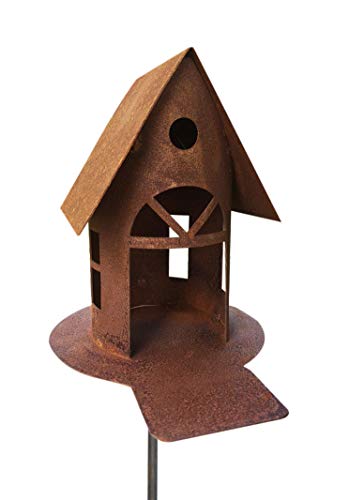 Vogelhaus mit Steg zum Beleuchten H19cm + Stab Gartenstecker Edelrost Windlicht Teelicht Futterhaus Edelrost Gartendeko Metall Rost von STEINFIGURENWELT GIEBEN