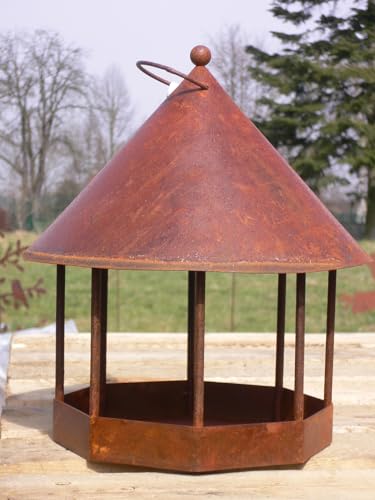 Vogelhaus rund 30x25cm zum Aufhängen mit Haken für Meisenknödel zum Beleuchten Windlicht Teelicht Futterhaus Edelrost Gartendeko Metall Rost von STEINFIGURENWELT GIEBEN