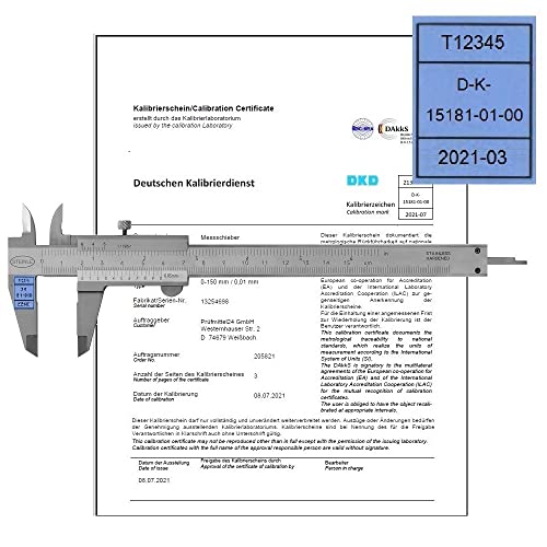 STEINLE 1102 Taschen Messschieber 150 mm -DAL- mit Feststellschraube, Ablesung: 0,05 mm DIN862 - inkl. Gewindetabelle inkl. Kalibriermarke & DAkkS Kalibrierschein entspricht der IATF 16949 Forderung von STEINLE