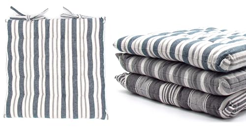 STEINWOHN 4 Stück Blau gestreifte Sitzkissen Stuhlauflagen 16-Punktesteppung mit Befestigungsbänder für Innen und Außen 38x38x5cm 3 Verschiedene Muster von STEINWOHN