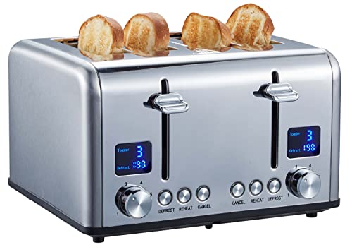 Steinborg Toaster Langschlitz | Digitales Display mit Countdown | Beleuchtete Tasten | 4 Scheiben Toastautomat | XXL Toaster | 1630 Watt | Brötchenaufsatz | Auftau-Funktion | Krümmelschublade | von Steinborg