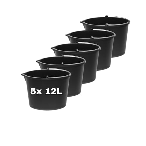 Stella Green 5X Baueimer 12L - Robuster Mörtelkübel aus Recycling-Kunststoff - Leichter Baukübel mit Metallhenkel - Schwarzer Plastikeimer für Zement, Mörtel & Beton von STELLA GREEN