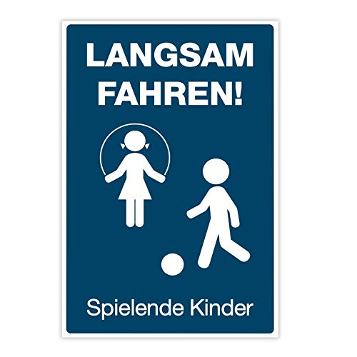 (Signalblau, 3 St. Aufkleber 300x200 mm) / Text: Langsam Fahren ! Spielende Kinder (mit Piktogramm) / Hinweisschild, Warnzeichen, Warnschild, Spielstraße / Spielplatz - Vorsicht spielende Kinder von STEMPEL-FABRIK