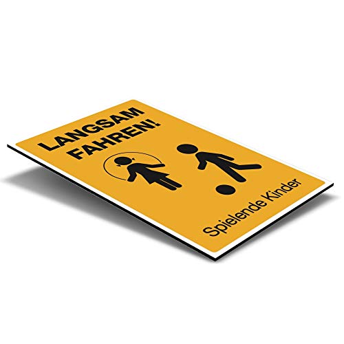 (Signalgelb, Schild Alu-Verbund 400x600x4 mm) Text: Langsam Fahren ! Spielende Kinder (mit Piktogramm) / Hinweisschild, Warnzeichen, Warnschild, Spielstraße / Spielplatz - Vorsicht spielende Kinder von STEMPEL-FABRIK