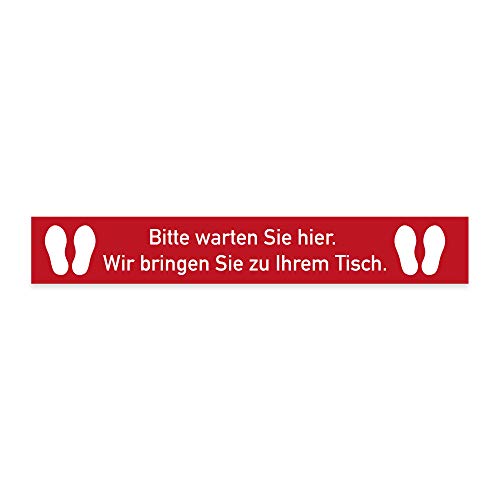 Fußbodenaufkleber Text: Bitte warten Sie hier. Wir bringen Sie zu Ihrem Tisch. & Fußabdrücke 1000x150 mm für Gaststätten, Gastro, Hotel, Cafe, Bistro und Bar von STEMPEL-FABRIK