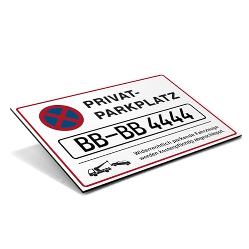 Großes Schild "Privatparkplatz" mit individuellem Kennzeichen – Parkverbotsschild für widerrechtliches Parken – wetterfestes Alu-Verbund Hinweisschild Parkplatz (600 x 400 x 4 mm | Weiß) von STEMPEL-FABRIK
