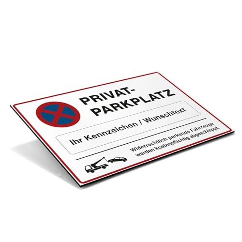 Schild "Privatparkplatz" mit individuellem Kennzeichen – Parkverbotsschild für widerrechtliches Parken – wetterfestes Alu-Verbund Hinweisschild Parkplatz (300 x 200 x 4 mm | Weiß) von STEMPEL-FABRIK