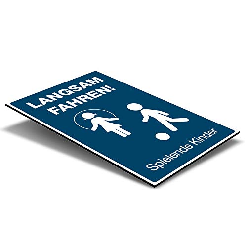 STEMPEL-FABRIK (Signalblau,Schild Alu-Verbund 200x300x4 mm) Hinweis-Schild/Text: Langsam Fahren ! Spielende Kinder (mit Piktogramm) / Hinweisschild, Warnzeichen, Warnschild, Spielstraße/Spielplatz von STEMPEL-FABRIK