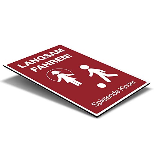 STEMPEL-FABRIK (Signalrot,Schild Alu-Verbund 200x300x4 mm) Hinweis-Schild/Text: Langsam Fahren ! Spielende Kinder (mit Piktogramm) / Hinweisschild, Warnzeichen, Warnschild, Spielstraße/Spielplatz von STEMPEL-FABRIK