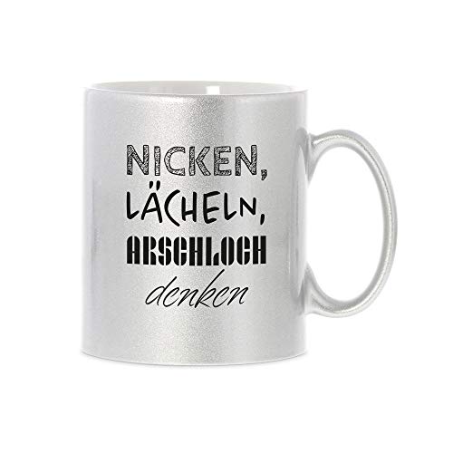 STEMPEL-FABRIK Glitzertasse Silber mit Aufdruck - Nicken, lächeln, ARSCHLOCH denken - Kaffeetasse mit Spruch - Keramik - Bedruckte Tasse - Geschenkideen - Büro - Arbeit - Beidseitig Bedruckt von STEMPEL-FABRIK