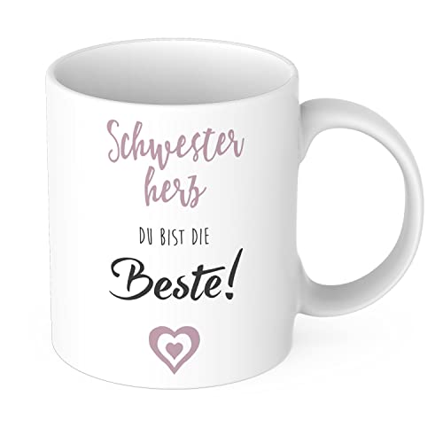 STEMPEL-FABRIK Keramiktasse Rosa mit Aufdruck - Schwesterherz, du bist die Beste! - Kaffeetasse mit Spruch - Bedruckte Tasse - Teetasse - Kaffeebecher - Schwestergeschenke - Geschenkidee Schwester von STEMPEL-FABRIK