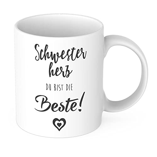 STEMPEL-FABRIK Keramiktasse Schwarz mit Aufdruck - Schwesterherz, du bist die Beste! - Kaffeetasse mit Spruch - Bedruckte Tasse - Teetasse - Kaffeebecher - Schwestergeschenke - Geschenkidee Schwester von STEMPEL-FABRIK