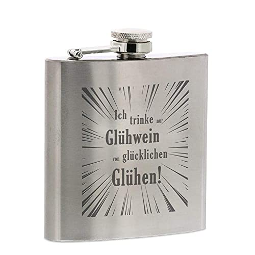 stempel-fabrik Edelstahl Flachmann Klein mit Gravur - Ich trinke nur Glühwein von glücklichen Glühen - Taschenflasche - Geschenkidee zum Geburtstag und Weihnachten - Skifahrer - Männergeschenke von STEMPEL-FABRIK