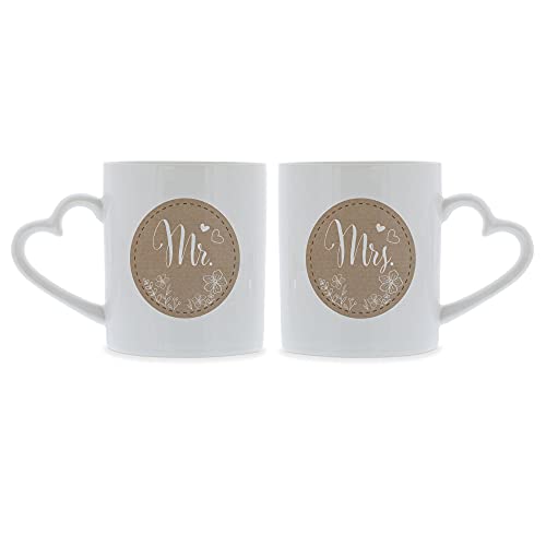 stempel-fabrik Keramiktassen mit Herzhenkel - Mr. & Mrs. - Papierdekor Design - Hochzeitsgeschenk - Geschenkidee zur Hochzeit - Kaffeetasse - Kaffeebecher - Bedruckte Tasse - Set - Hochzeitstag - Cups von STEMPEL-FABRIK