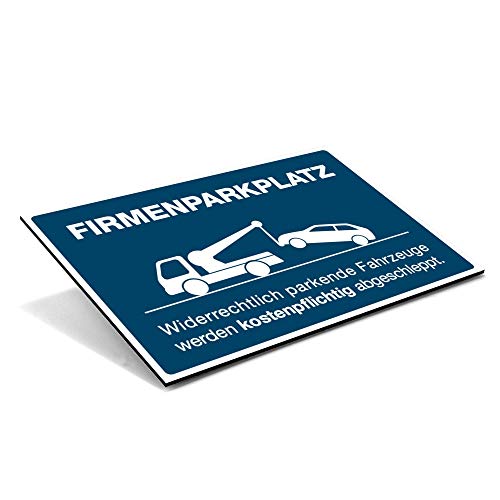 stempel-fabrik – Schild "Firmenparkplatz" mit Abschlepp-Piktogramm – Parkverbotsschild für widerrechtliches Parken – wetterfestes Alu-Verbund Warnschild (300 x 200 x 4 mm | Signalblau) von STEMPEL-FABRIK