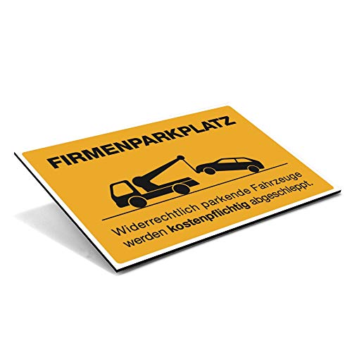 stempel-fabrik – Schild "Firmenparkplatz" mit Abschlepp-Piktogramm – Parkverbotsschild für widerrechtliches Parken – wetterfestes Alu-Verbund Warnschild (600 x 400 x 4 mm | Signalgelb) von STEMPEL-FABRIK