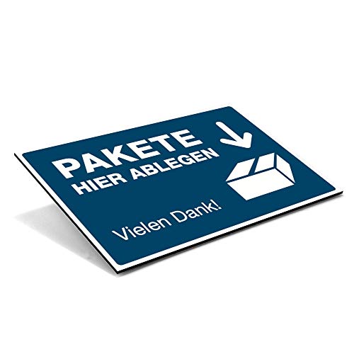STEMPEL-FABRIK Schild Pakete Hier ablegen - Vielen Dank – Ablageort-Schild für die Zustellung von Paketen – wetterfestes Alu-Verbund Hinweisschild (300 x 200 x 4 mm | Signalblau) von STEMPEL-FABRIK