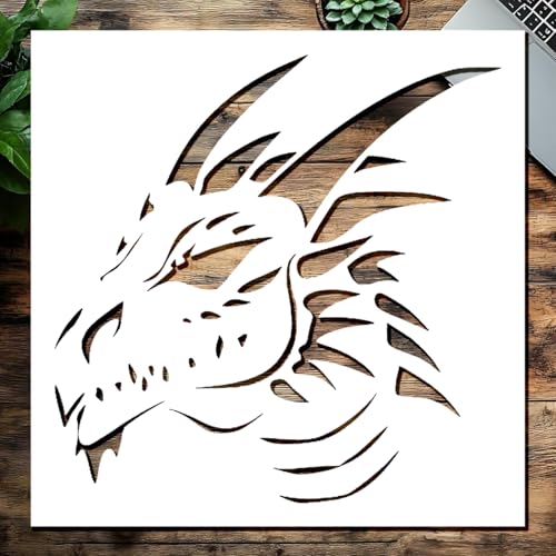 Drachenkopf-Schablone mit Hörnern, wiederverwendbare Kunststoffschablone, 14 x 14 cm Drachenkopf-Schablone mit Hörnern, wiederverwendbare Kunststoffschablone, 14 x 14 cm von STENCILAIR