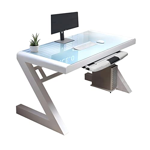 Moderner Computertisch in Z-Form mit Tastaturablage, gehärtetem Glas, großer Bürotisch, Arbeitszimmer-Schreibtisch, einfach zu installierender Computerarbeitsplatz for das Home-Office(White,55.1*23.6' von STEPHM