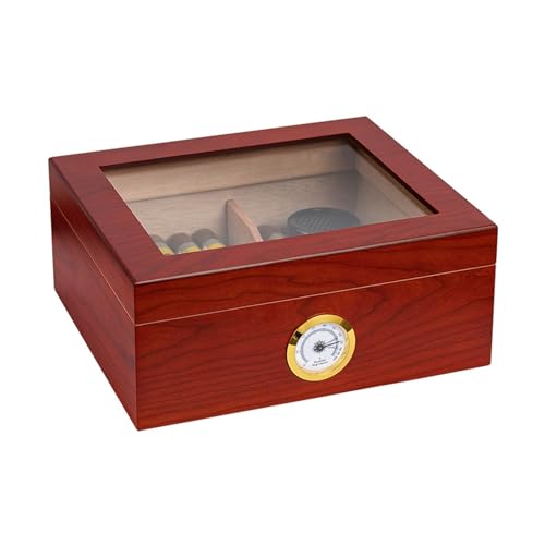 STEPHM Zigarren Humidor Box Zigarrenetui Zedernholz Zigarrenbox Geschenk for 40-50 Zigarren mit Glasplatte und Hygrometer & Luftbefeuchterstange & Trennwand(Color:Red) von STEPHM