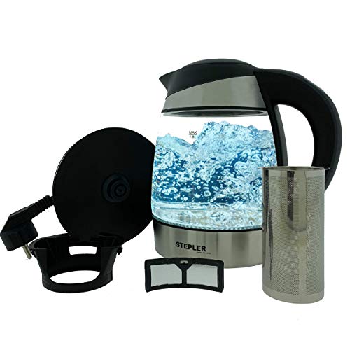STEPLER LED-Glas-Wasserkocher 1,8 Liter (WKLG001) | Teekocher | Kalkfilter | Edelstahl | Borosilikatglas | Verschiedenfarbige LED-Beleuchtung - je nach Temperatur 60°C - 100°C | Warmhaltefunktion von STEPLER