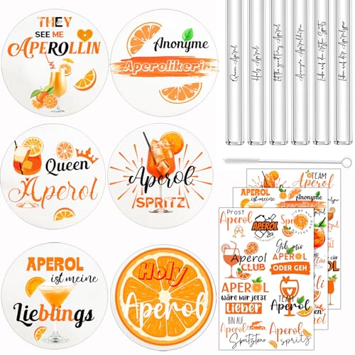 STFYUG 16 Stück Aperol Geschenk, Aperol Spritz Geschenkset mit 6 Aperol Filzuntersetzer Rund, 6 Aperol Strohhalme, 1 Bürsteund 3 Aperol Aufkleber, Aperol Deko Geschenk für Aperol Liebhaber von STFYUG