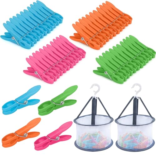 STFYUG 48 Stück Wäscheklammern with Wäscheklammern Korb, Wäscheklammern mit Beutel, Wäscheklammern Ohne Abdruck, Windfeste Kunststoff-Wäscheklammer für Wäscheleinen und Kleiderbügel von STFYUG