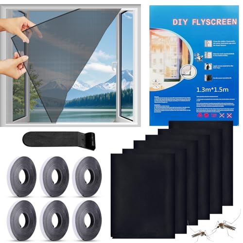 STFYUG 6 Stück Fliegengitter Fenster, Insektenschutz Fenster, Moskitonetz Fenster, Fliegennetz Fenster, Mückenschutz Fenster mit Klettband Selbstklebend, Moskitonetze für Fenster und Türen (Schwarz) von STFYUG
