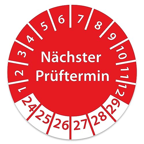 Prüfplakette DGUV V3 Nächster Prüftermin E-Check Elektro - 2024-2029 - Wasserfest/UV-Schutz - 30mm Plakette für Tritte Leitern Feuerlöscher Maschinen (100, Nächster Prüftermin - Rot) von STICKERWORLD24