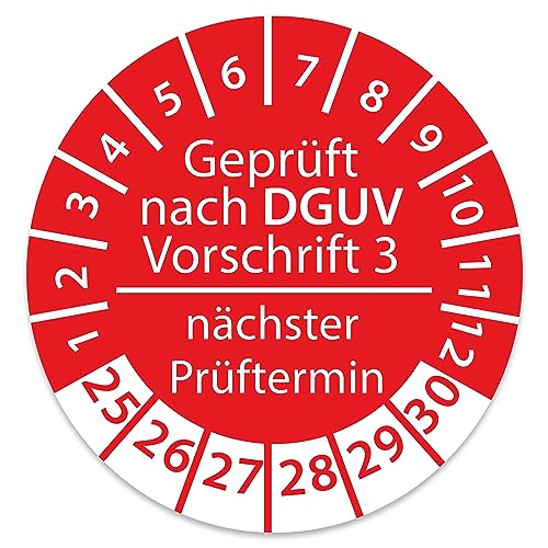 Prüfplakette DGUV V3 Nächster Prüftermin E-Check Elektro - 2025-2030 - Wasserfest/UV-Schutz - 30mm Plakette für Tritte Leitern Feuerlöscher Maschinen (100 Stk., DGUV V3 - Rot) von STICKERWORLD24