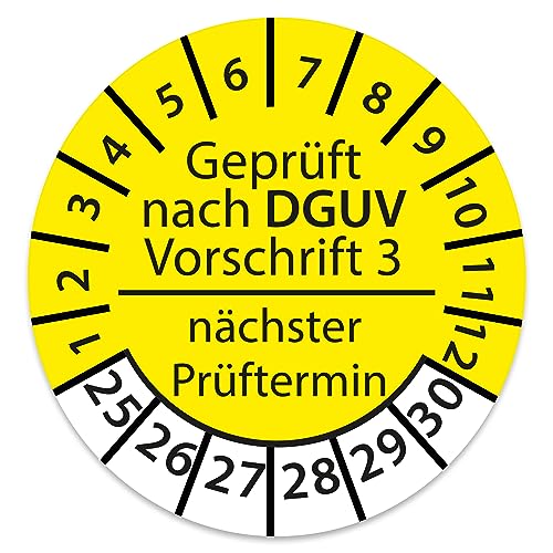 Prüfplakette DGUV V3 Nächster Prüftermin E-Check Elektro - 2025-2030 - Wasserfest/UV-Schutz - 30mm Plakette für Tritte Leitern Feuerlöscher Maschinen (250 Stk., DGUV V3 - Gelb) von STICKERWORLD24