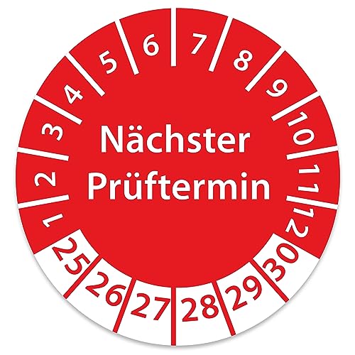 Prüfplakette DGUV V3 Nächster Prüftermin E-Check Elektro - 2025-2030 - Wasserfest/UV-Schutz - 30mm Plakette für Tritte Leitern Feuerlöscher Maschinen (250 Stk., Nächster Prüftermin - Rot) von STICKERWORLD24