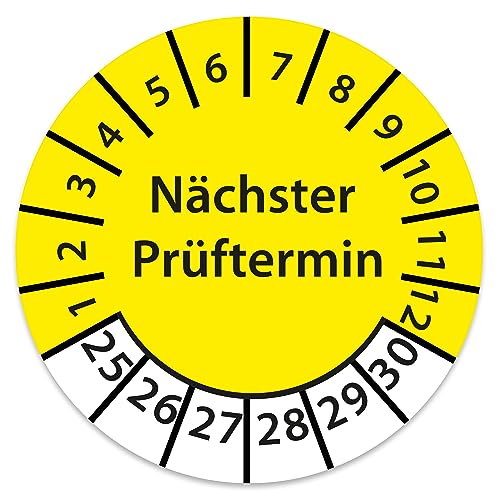 Prüfplakette DGUV V3 Nächster Prüftermin E-Check Elektro - 2025-2030 - Wasserfest/UV-Schutz - 30mm Plakette für Tritte Leitern Feuerlöscher Maschinen (500 Stk., Nächster Prüftermin - Gelb) von STICKERWORLD24