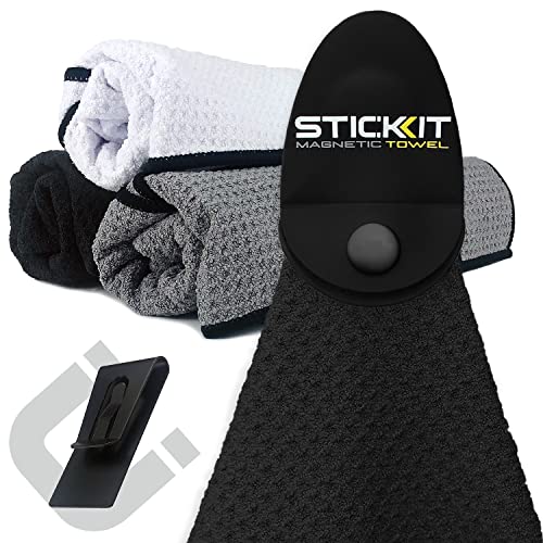 STICKIT Magnetisches Sporthandtuch, schwarz | oberste Ebene Mikrofaser-Handtuch mit tiefen Waffeltaschen | leistungsstarker Magnet für starken Halt | super saugfähiges und schnell trocknendes Handtuch von STICKIT