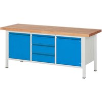Höhenverstellbare Werkbank Premium mit 3 Schubladen und 2 Flügeltüren BxTxH 2000x700x840-1040mm ral 7035 / ral 5012 - Stier von STIER