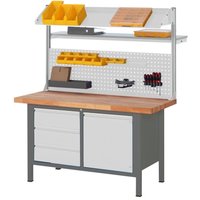 Höhenverstellbare Werkbank mit Aufbau Premium mit 3 Schubladen und 1 Flügeltür BxTxH 1500x700x840-1040mm - Stier von STIER