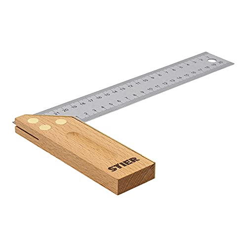 STIER Anschlagwinkel, Schreinerwinkel, Buche, 90° / 45°, 250 mm, mit Griffhohlkehle, doppelseitiger Messingbeschlag von STIER