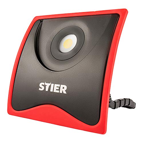 STIER COB LED Baustrahler, 5500 Lumen, 55W, Baulampe mit flexiblem Standfuß und 2 SchuKo Steckdosen und Aluminiumgehäuse, Baustellenlampe mit Überpsannungsschutz von STIER