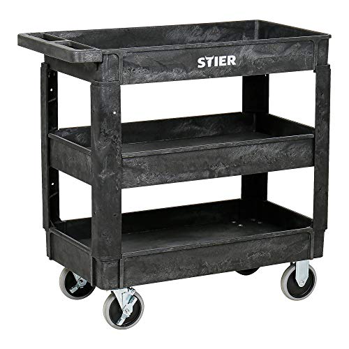 STIER Kunststoff-Vielzweckwagen, 3 Etagen, 250kg Tragkraft, 87x43x85cm, 2 Feststeller, Montagewagen, Werkzeugwagen, Rollwagen robust, tool cart, Mehrzweckwagen von STIER