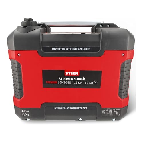 STIER Stromerzeuger Premium SNS-190, Strom Generator, Benzin, 4l Tankvolumen, 21,5 Kg, leise: 59 dB(A), 4-Takt Motor, Inverter Stromaggregat, Ölsensor & Eco-Modus, Laufzeit bis zu 6h von STIER