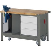 STIER Werkbank Premium mit abs. Fahrgestell, 3 Schubladen und Schraubstock BxTxH 1250x700x880mm von STIER