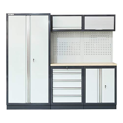 STIER Werkstatteinrichtung Basic, 3-teilig, modular, mit Lochwand und Multiplex-Arbeitsplatte, BxTxH 2275x460x2000mm von STIER
