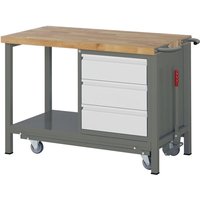 Werkbank Premium, mit abs. Fahrgestell, 3 Schubladen, 125x70x88cm, Stahl & Buche - Stier von STIER