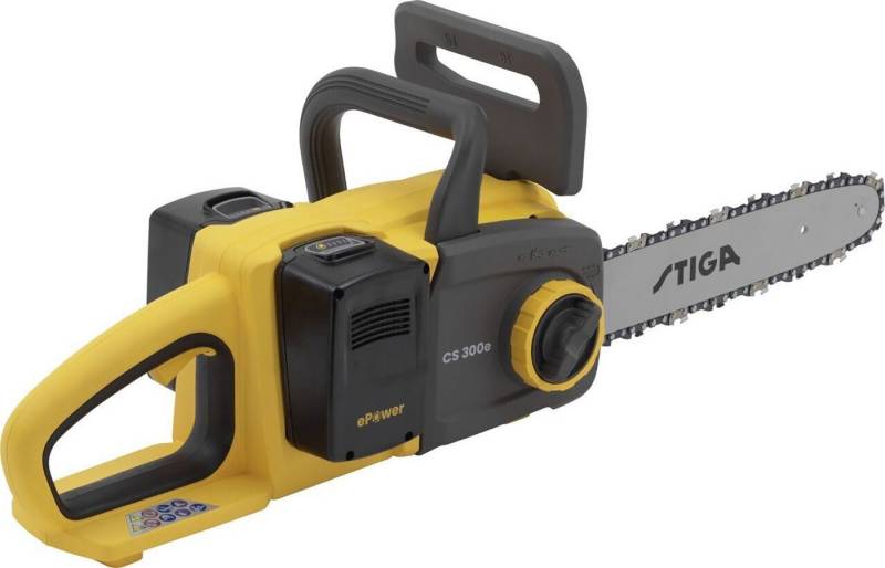STIGA Akku-Kettensäge CS 300e Kit, 30 cm Schwertlänge, Packung, 4-tlg., 2 Akkus 4 Ah, Ladegerät, automatische Kettenbremse, Rückschlagschutz, seitliche Spannung von STIGA